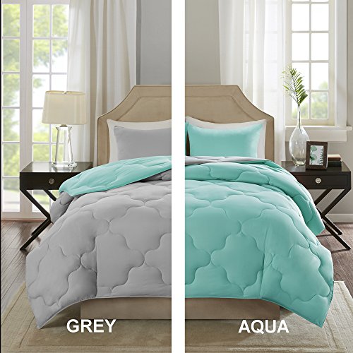 Comfort Spaces – Vixie Reversible Down Alternative Comforter Mini Set - 3 Piece – Aqua and Grey – Stitched Geometrical Pattern – Full/Queen size, includes 1 Comforter, 2 Shams